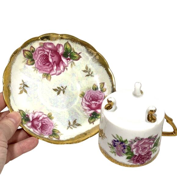 LM Royal Halsey Tea Cup & Saucer Set Iridescent Porcelain Pink Roses & Gold Trim - Picture 9 of 12